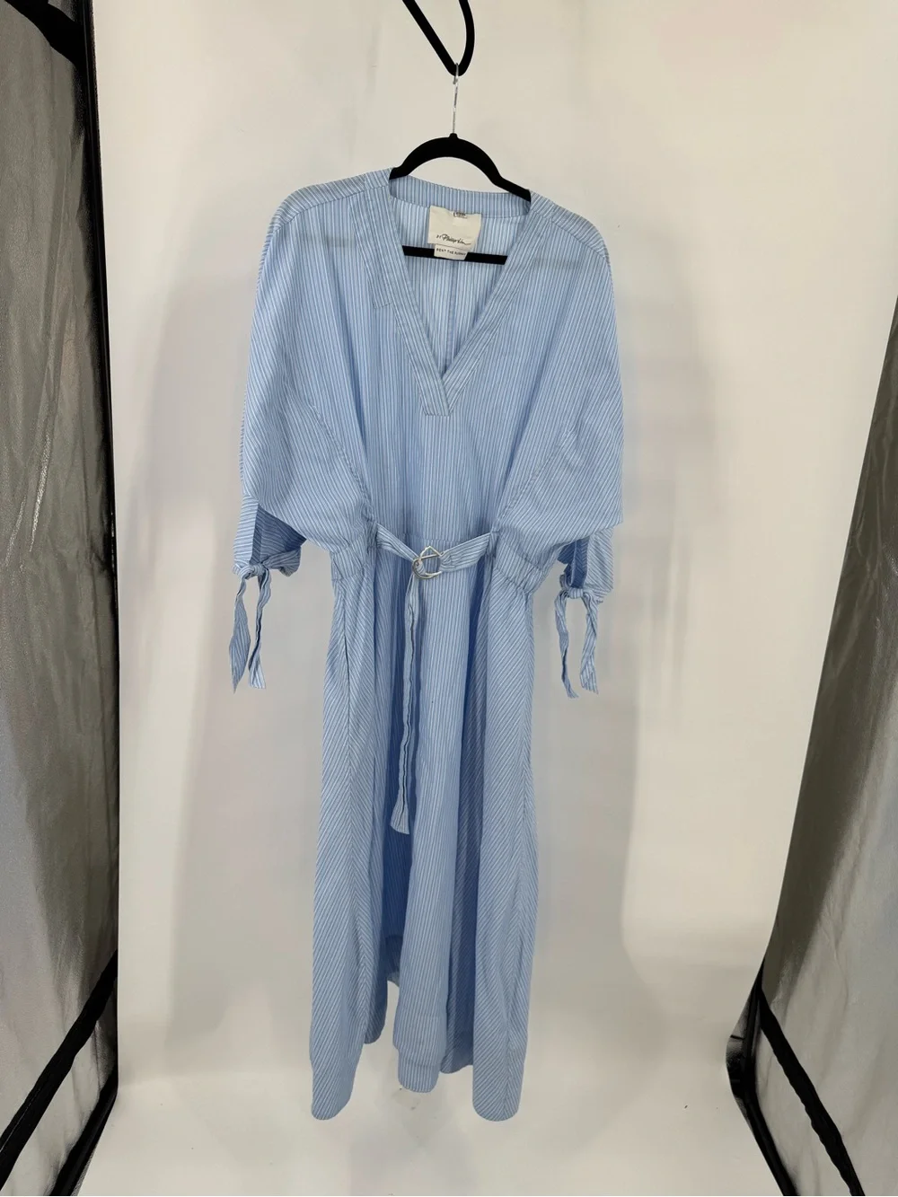 3.1 Phillip Lim Light Blue Striped V-Neck Belted Midi Dress